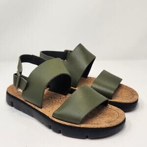 Camper Oruga Green Leather Cork Sandal Women Size 38 US 7.5 Lightweight Buckle